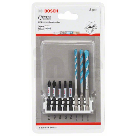 BOSCH Hex-9 MultiConstruction 5/6/8mm; Impact Power Bit 50mm PH2, PZ2, T20, T25, T30 2608577144