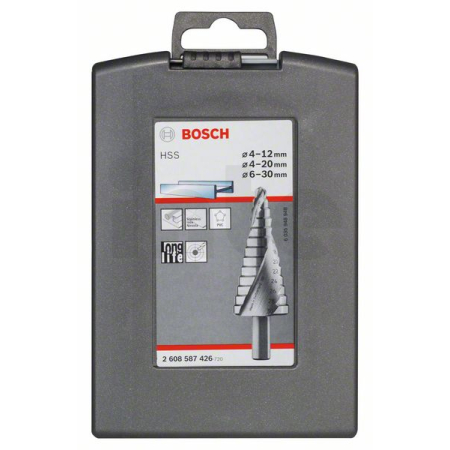 BOSCH 3dílná sada stupňovitých spirálových vrtáků HSS 4-12/4-20/6-30 2608587426