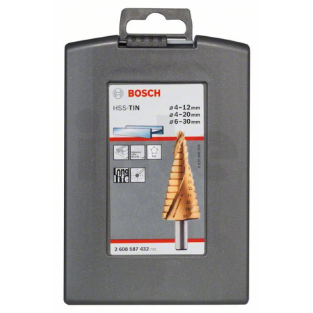 BOSCH 3dílná sada stupňovitých spirálových vrtáků HSS-TiN 4-12/4-20/6-30 2608587432