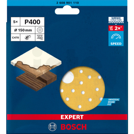 BOSCH Brusný papír EXPERT C470 s více otvory pro vibrační brusky 150 mm, G 400 5 ks 2608901110