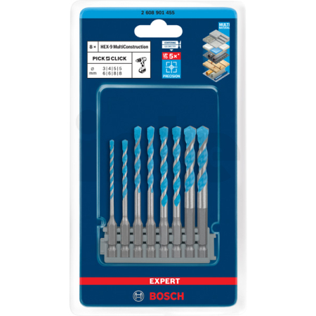 BOSCH Sada vrtáků EXPERT HEX-9 MultiConstruction 3–8 mm pro Pick & Click 2608901455