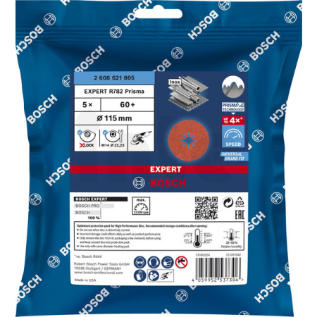 BOSCH Fíbrové brusné kotouče EXPERT R782 Prisma Ceramic X-LOCK, 115 mm, 22,23 mm, P60, 5 kusů 2608621805