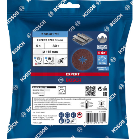 BOSCH Fíbrové brusné kotouče EXPERT R781 Prisma Ceramic X-LOCK, 115 mm, 22,23 mm, P80, 5 kusů 2608621781