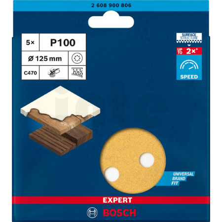 BOSCH Brusný papír EXPERT C470 s 8 otvory pro vibrační brusky 125 mm, G 100, 5 ks 2608900806