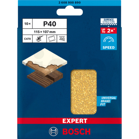BOSCH Brusný papír EXPERT C470 se 6 otvory pro vibrační brusky 115 × 107 mm, G 40, 10 ks 2608900890