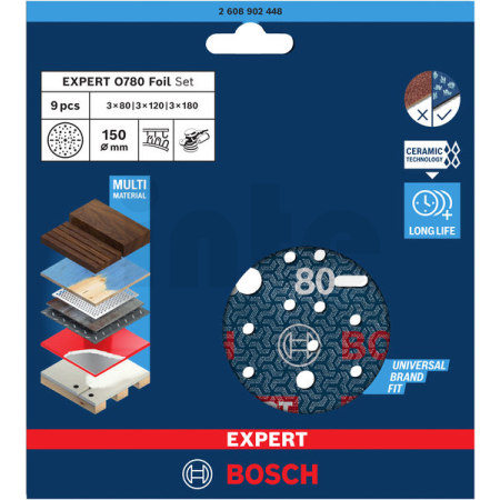 BOSCH 9dílná sada brusných kotoučů EXPERT O780 s fólií, 150 mm, G80 (3×); G120 (3×); G180 (3×) 2608902448
