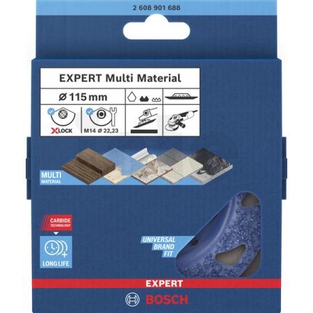 BOSCH Karbidový hrncový kotouč EXPERT Multi Material, středně hrubý, šikmý, X-LOCK, 115 mm, 22,23 mm 2608901688