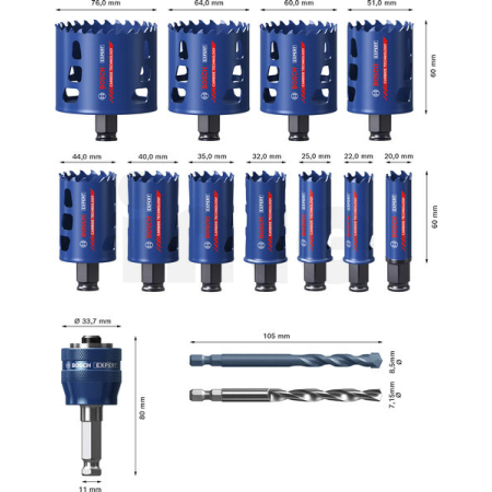 BOSCH Sada děrovek EXPERT Multi Material Power Change Plus, 20; 22; 25; 32; 35; 40; 44; 51; 60; 64; 76 × 60 mm, 14 ks 2608901908