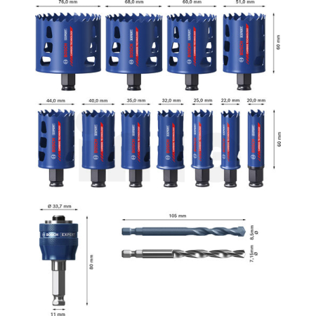 BOSCH Sada děrovek EXPERT Multi Material Power Change Plus, 20; 22; 25; 32; 35; 40; 44; 51; 60; 68; 76 × 60 mm, 14 ks 2608901909