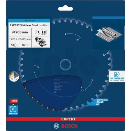 BOSCH Pilový kotouč EXPERT Stainless Steel cordless, 203 × 1,8/1,4 × 15,875 mm, T48 2608902220