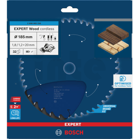 BOSCH Pilový kotouč EXPERT Wood cordless, 185 × 1,8/1,2 × 20 mm, T32 2608902234