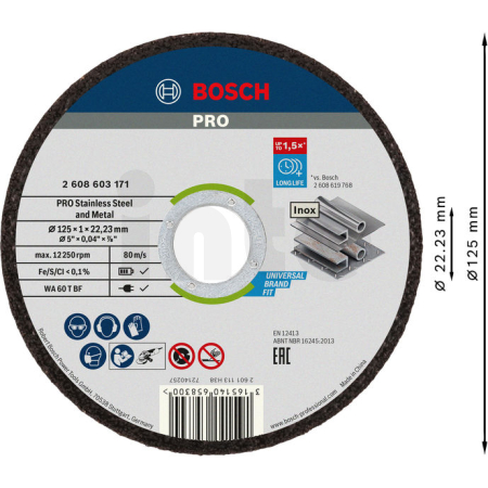 BOSCH Řezací kotouč PRO Stainless Steel and Metal, 125 × 1 × 22,23 mm, rovný, 100 ks 2608626113