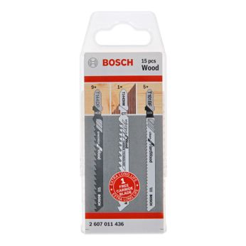 BOSCH 15dílná sada pilových plátků se stopkou T pro práci se dřevem 2607011436