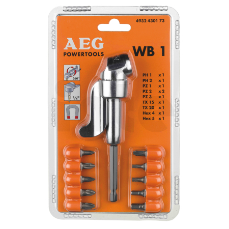 RYOBI WB1 Set- Screwdriver Angle Attachment with 10 Screwdriving Bits Pravoúhlý nástavec s 10 šroubovacími bity 4932430173