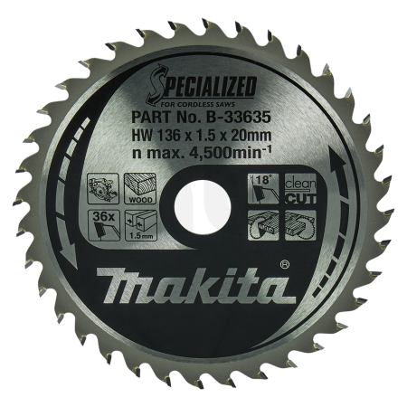 Makita - kotouč pilový dřevo SPECIALIZED 136x1.5x20mm 36Z pro aku pily = old B-22006 B-33635