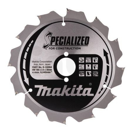 Makita - kotouč pilový dřevo SPECIALIZED konstrukce 190x2.6x30mm 12Z = old B-13683 B-33554